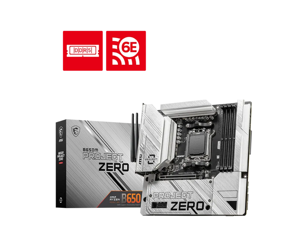 MSI B650M PROJECT ZERO AM5 DDR5 7600MHZ(OC) HDMI DP M.2 USB3.2 2.5G LAN WI-FI 6E mATX