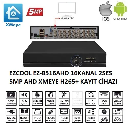 Ürün EZCOOL EZ-8516AHD 16 KANAL 5 MP 1HDD XMEYE KAYIT CİHAZI Görsel