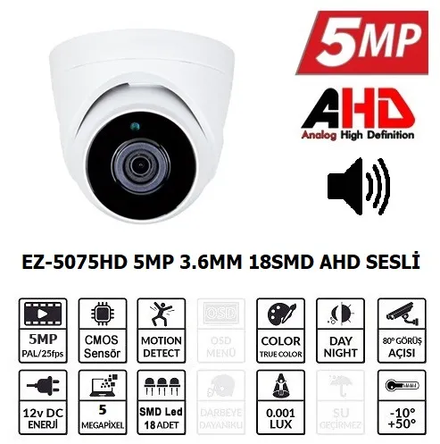 Ürün EZCOOL EZ-5075HD 5MP 3.6MM SMD AHD SESLİ DOME KAMERA Görsel
