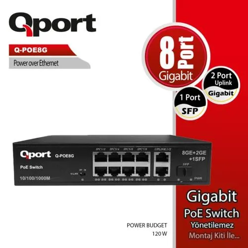 Ürün QPORT Q-POE8G 8 PORT GIGABIT + 2 PORT GIGABIT UPLINK POE SWITCH Görsel